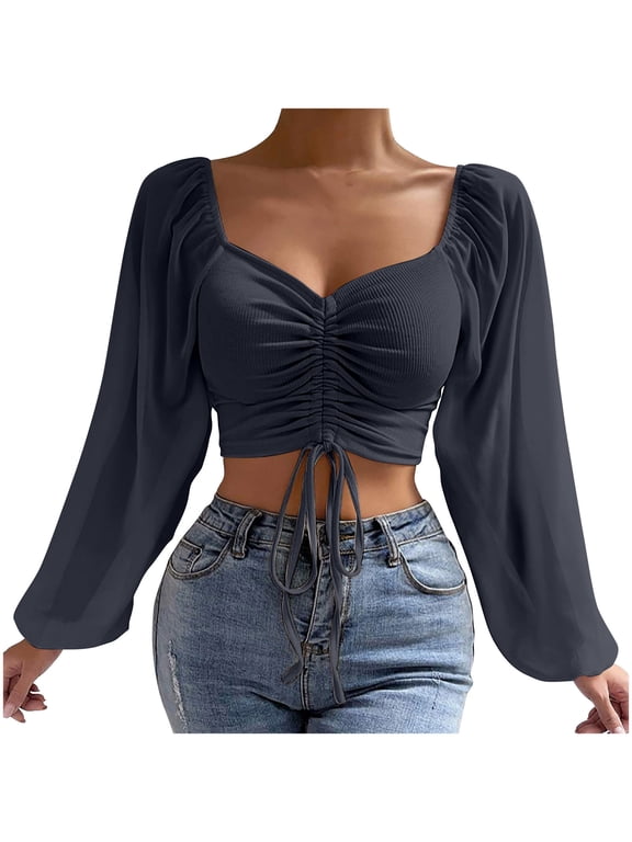 Women's Square Neck Top Ruched Drawstring Crop Long Puff Sleeve Solid Tie Front Camisole Blouse Fashion Cropped Tops For Women Daily Going Out Navy,2xL