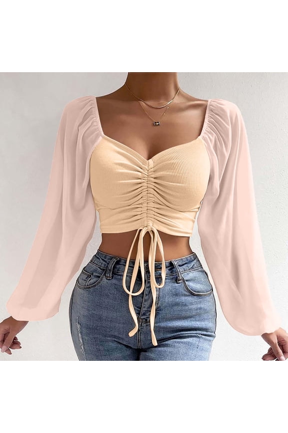 Women's Square Neck Top Ruched Drawstring Crop Long Puff Sleeve Solid Tie Front Camisole Blouse Fashion Cropped Tops For Women Daily Going Out Pink,M
