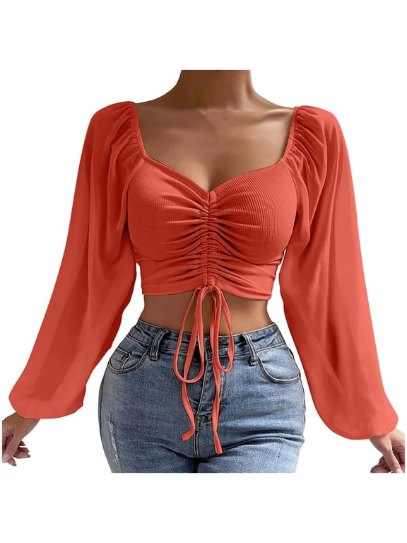 Women's Square Neck Top Ruched Drawstring Crop Long Puff Sleeve Solid Tie Front Camisole Blouse Fashion Cropped Tops For Women Daily Going Out Watermelon Red,M