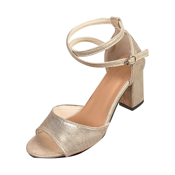 hlysgo Women's Strappy Block Heels Chunky High Heels Sandals Open Toe Ankle Strap Pumps Dress Shoes Gold 7.5
