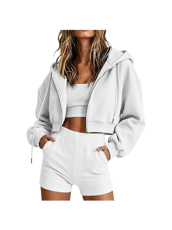 Women's Stretch Full Zip Hoodie Tops Cozy Warm Long Sleeve Cropped Jacket Fall Winter Comfort Cozy Shirts with Pockets White,2xL