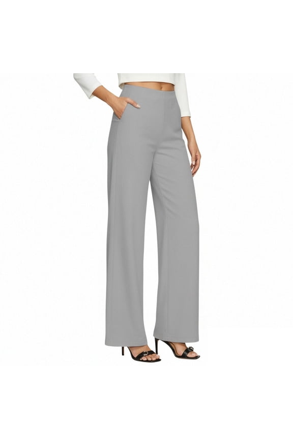 Women's Stretchy Dress Pants Wide Leg Pull-On Soft Comfort Loose Trousers Business Officewear Pants with Pockets Gray,M