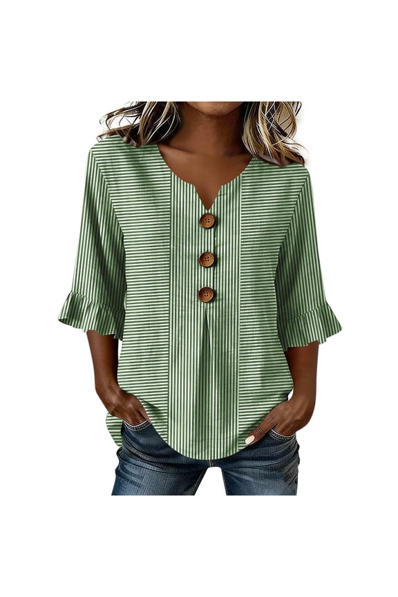 Women's Stripe V Neck Tops Tuck Front Placket Button Ruffle Sleeve Beach Cottage Stroll Shirts Green,2xL