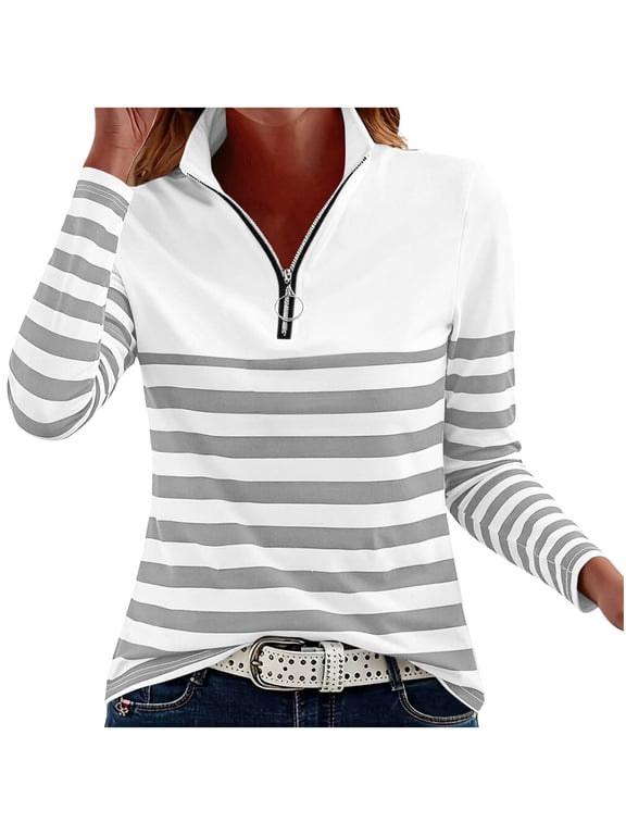 Women's Striped 1/4 Zip Up Tops Long Sleeve Casual Fitted Stand Collar Blouse Top Trendy Fashion TunicGoing Out Spring Fall Blouse Gray,XL