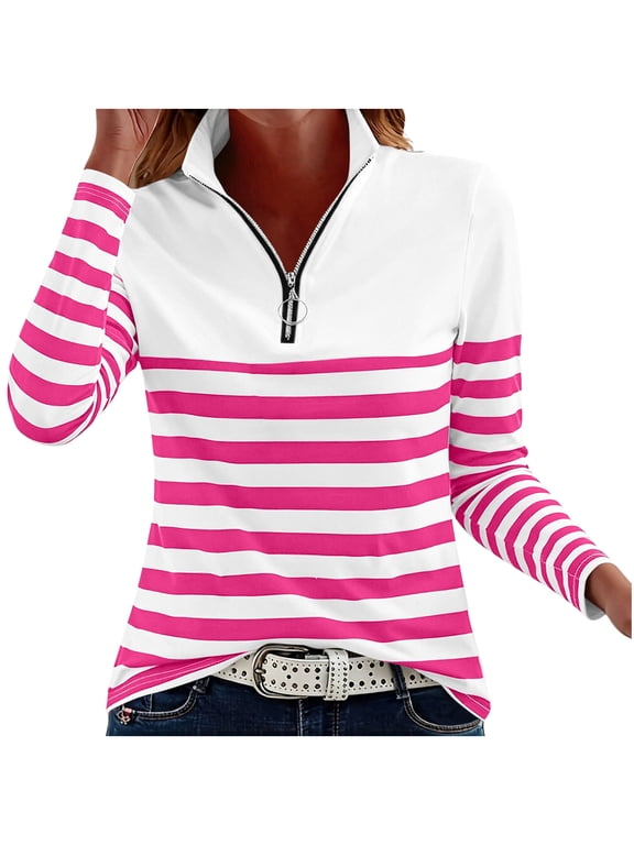 Women's Striped 1/4 Zip Up Tops Long Sleeve Casual Fitted Stand Collar Blouse Top Trendy Fashion TunicGoing Out Spring Fall Blouse Hot Pink,S