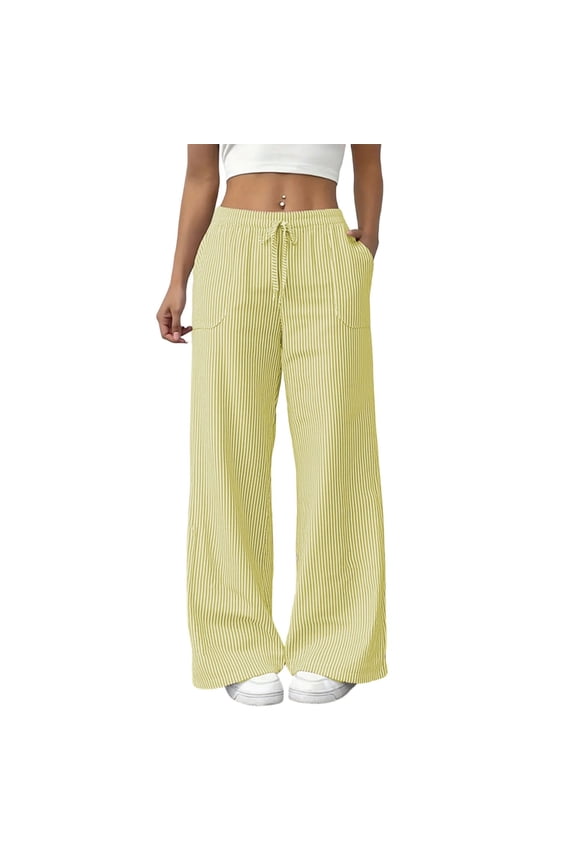 Women's Striped Gingham Pants Pajama Lounge Boxer Pants Drawstring Pj Bottoms Wide Leg Trousers with Pockets Yellow,M
