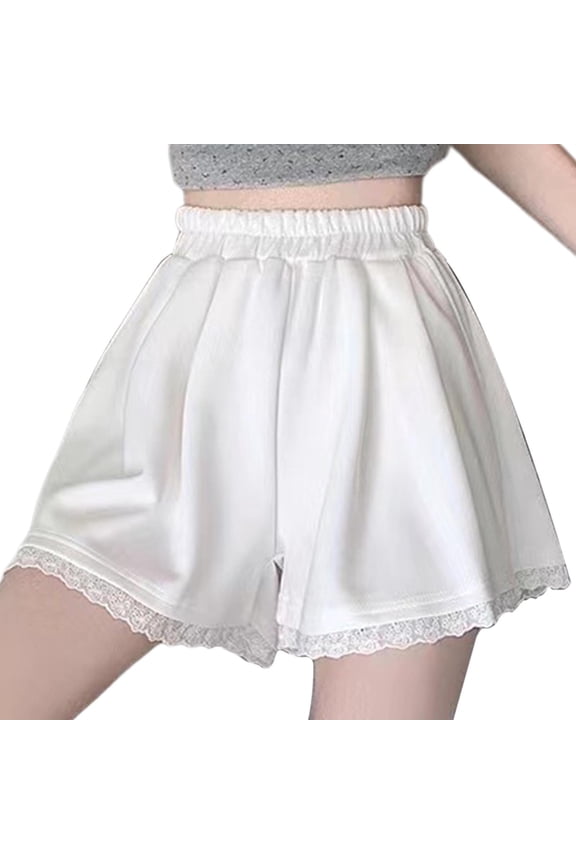 Women's Striped Wide Leg Lace Shorts High Waisted Workout Track Shorts Summer Pj Loungewear Short with Pocket White,XL
