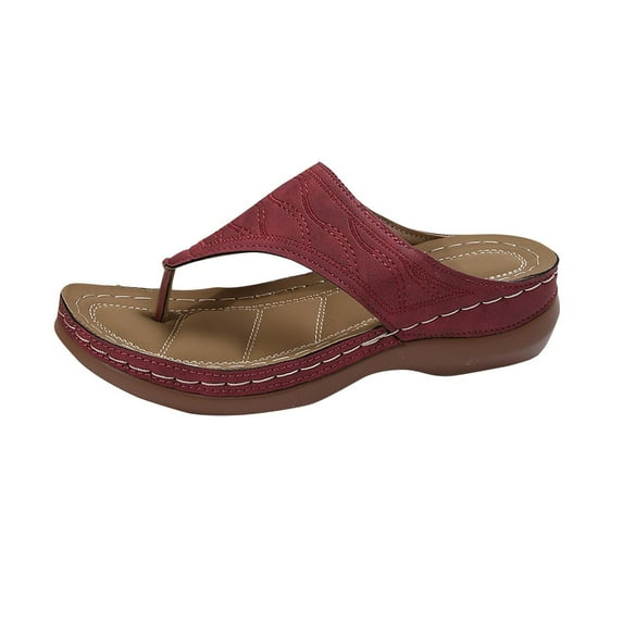 hlysgo Women's Suede Stitched Embossed Flip Flop Wedge Slide Sandals Open Toe Thick Sole Comfort Casual Summer Sandals Red,41