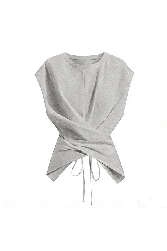 Women's Summer Causal Tops Cap Sleeve Crew Neck Crop Blouse Twist Front T-Shirt Gray,L