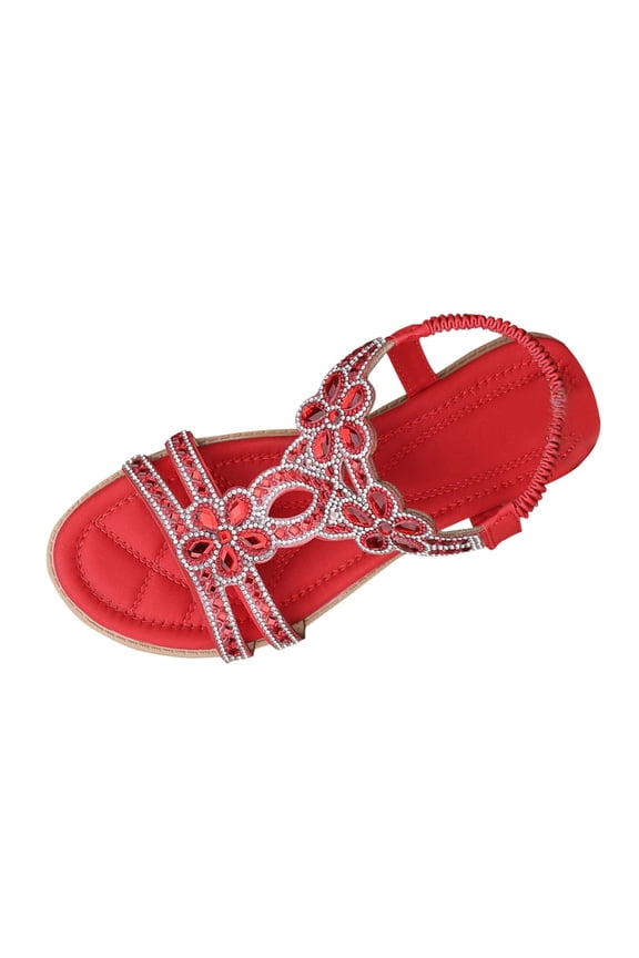 Women's Summer Flat Sandals Dressy Sparkly Rhinestone Arch Support Casual Beach Vacation Footwear Red,38
