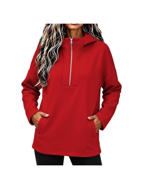 Women's Sweaters 2026 Fall Winter Quarter Zip Sweatshirts Ribbed Cable Knit Tops Long Sleeve Neck Pullover Blouse Red,S