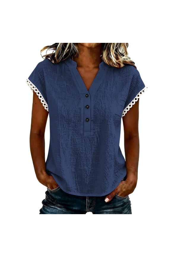 Women's Textured Notched Blouse Collar Half Button Shirt Scalloped Lace Trim Cuff Tops Office Casual Work Shirts Navy,2xL