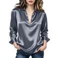 thumbnail image 1 of hlysgo Women's Twist Knot V Neck Satin Blouse Long Sleeve Solid Casual Loose Silk Elegant Tops Work Office Party Going Out Blouse Gray,S, 1 of 5