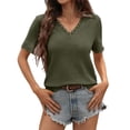 thumbnail image 1 of hlysgo Women's V Neck Tops Short Sleeve Waffle Knit Lace Shirts Summer Casual Loose Basic Tunic Tee Army Green,M, 1 of 6
