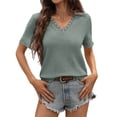 thumbnail image 1 of hlysgo Women's V Neck Tops Short Sleeve Waffle Knit Lace Shirts Summer Casual Loose Basic Tunic Tee Green,M, 1 of 6