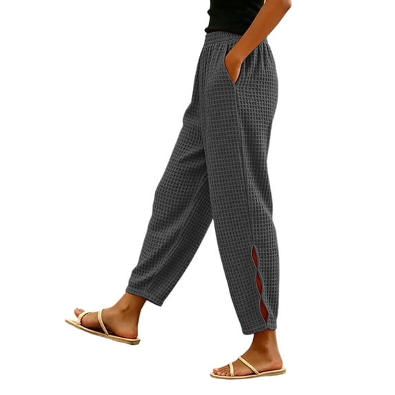 hlysgo Women's Waffle Knit Jogger Pants Elastic High Waist Slit Hem Pant with Pockets Loose Casual Comfy Solid Trousers Gray,L