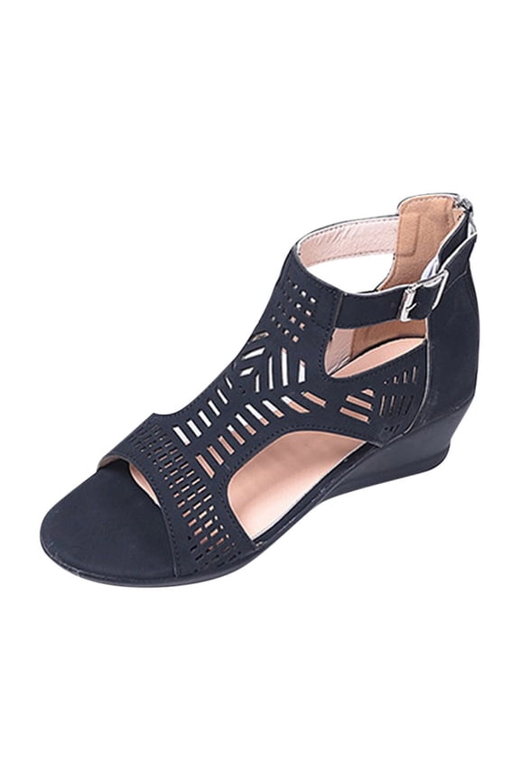 Women's Wedge Sandals Casual Summer Buckle Open Toe Ankle Strap Platform Wedge Heels Black,42