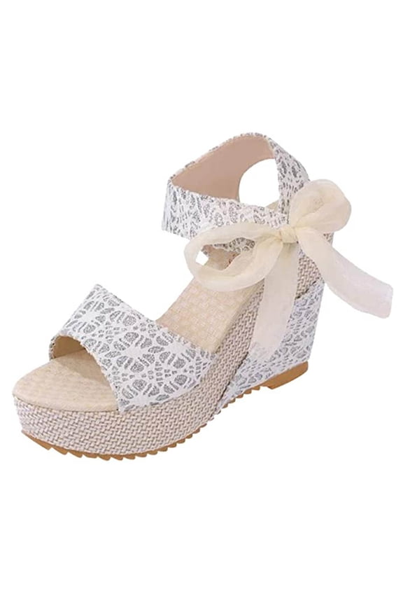 Women's White Lace Peep Toe Wedge Sandals Back Bowknot Decor Espadrille Platform Ankle Strap Sandals for Vacation White,39