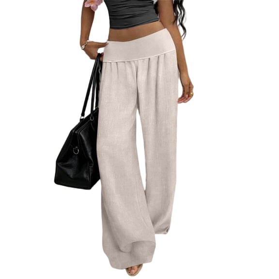 hlysgo Women's Wide Leg Linen Pants Low Rise Foldover Casual Lounge Pants Elastic Waist Vacation Trousers with Pockets Beige,S