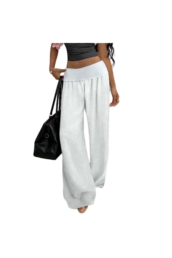 Women's Wide Leg Linen Pants Low Rise Foldover Casual Lounge Pants Elastic Waist Vacation Trousers with Pockets White,M