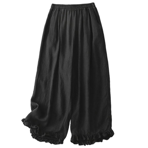 hlysgo Women's Wide Leg Pants High Waist Ruffle Hem Casual Loose Fit Solid Color Lightweight Daily Lounge Trousers with Pockets Black,XL