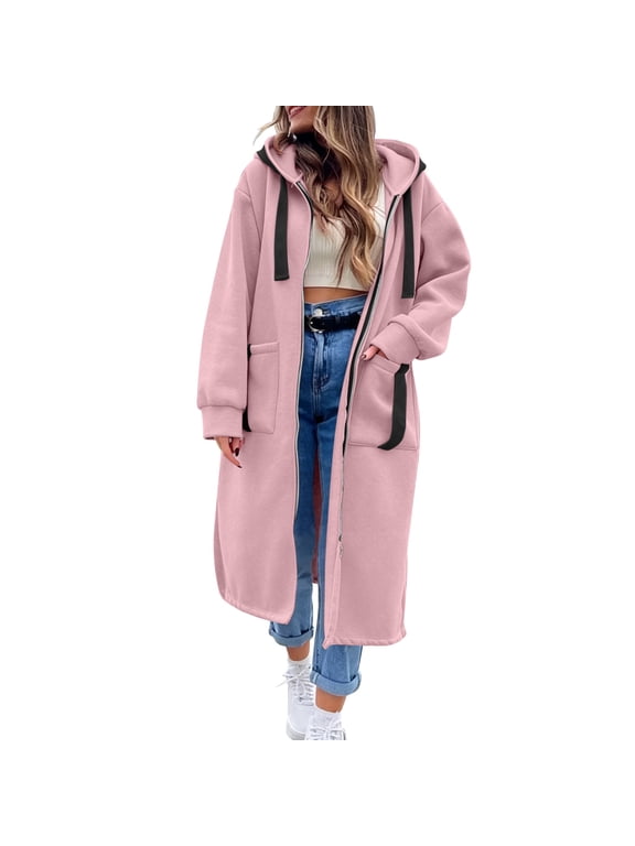 Women's Zip Up Long Hoodie Drawstring Long Sleeve Jacket Thick Fleece Pockets Hooded Sweatshirt Coat Pink,S