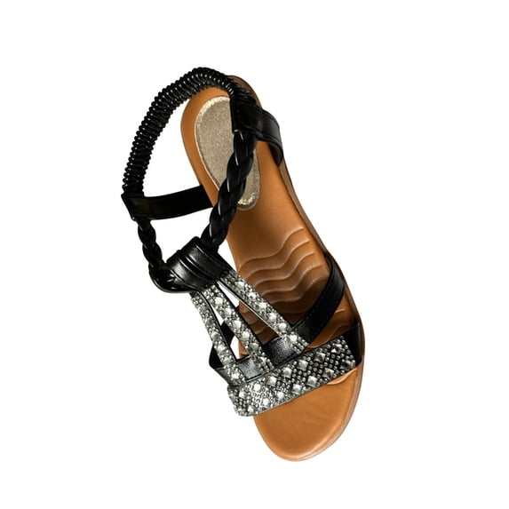 hlysgo Womens 2026 Summer Bohemian Rhinestone Flat Sandals Elastic Ankle Strap Comfort Beach Open Toe for Casual Walking Vacation Black 43