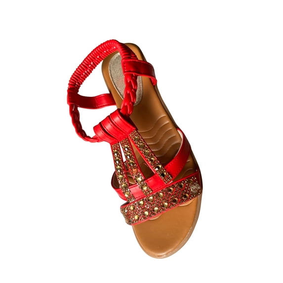 hlysgo Womens 2026 Summer Bohemian Rhinestone Flat Sandals Elastic Ankle Strap Comfort Beach Open Toe for Casual Walking Vacation Red 36