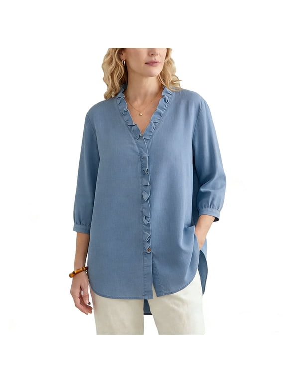 Womens 3/4 Length Sleeve Shirts Dressy Casual Ruffle V Neck Blouse Ruffles Trim Elastic Cuff Sleeve Shirt Navy,L