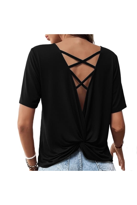 Womens Backless Top Open Back Twist Criss Cross Blouse Short Sleeve V Neck T Shirt Black,L