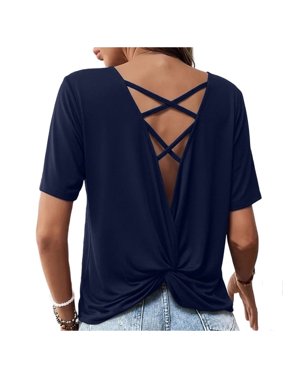 Womens Backless Top Open Back Twist Criss Cross Blouse Short Sleeve V Neck T Shirt Navy,3xL