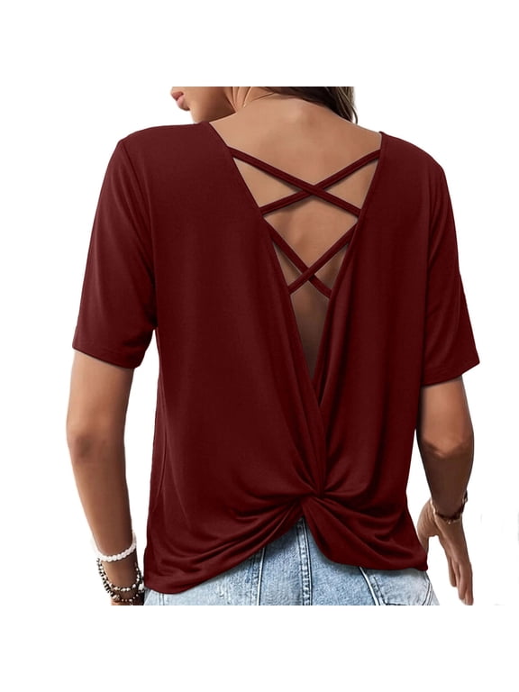 Womens Backless Top Open Back Twist Criss Cross Blouse Short Sleeve V Neck T Shirt Wine,2xL