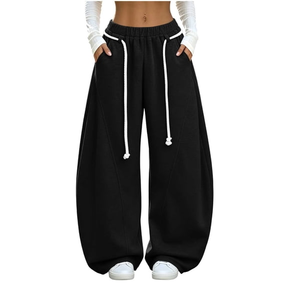 hlysgo Womens Baggy Barrel Sweatpants Rope Wide Leg Pants Elastic Waist Oversized Streetwear Trousers with Deep Pockets Black,2xL