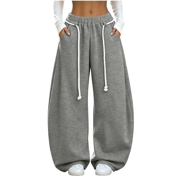 hlysgo Womens Baggy Barrel Sweatpants Rope Wide Leg Pants Elastic Waist Oversized Streetwear Trousers with Deep Pockets Gray,L