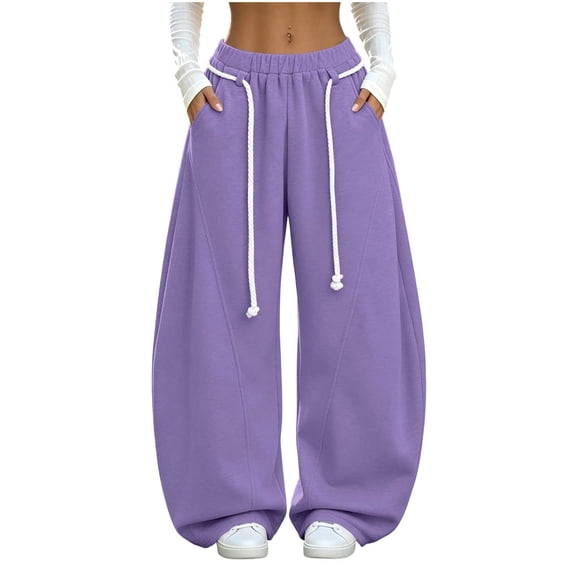 hlysgo Womens Baggy Barrel Sweatpants Rope Wide Leg Pants Elastic Waist Oversized Streetwear Trousers with Deep Pockets Purple,L