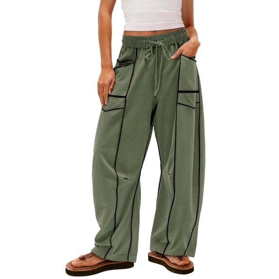 hlysgo Womens Barrel Sweatpants High Waisted Wide Leg Sweatpants Drawstring Lounge Baggy Pants with Pockets Army Green,S