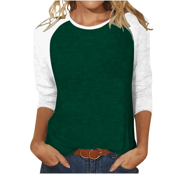hlysgo Womens Baseball Tee 3/4 Sleeve Fashion Crewneck Tops Color Block Casual Raglan Shirt Blouse Green,XL