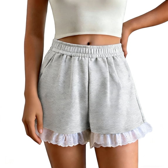 hlysgo Womens Bermuda Casual Short Lace High Elastic Waist Lightweight Breathable Short Lounge Loose Wide Leg 3 Inch Inseam Short with Pockets White,S