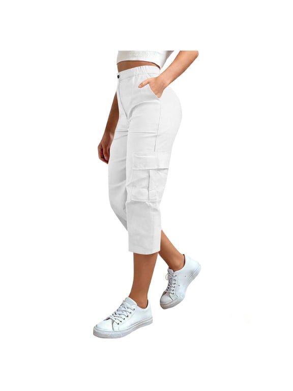 Womens Cargo Capris with Pockets Stretch Hiking Pants Casual Quick Dry Elastic Waist Pant White,S
