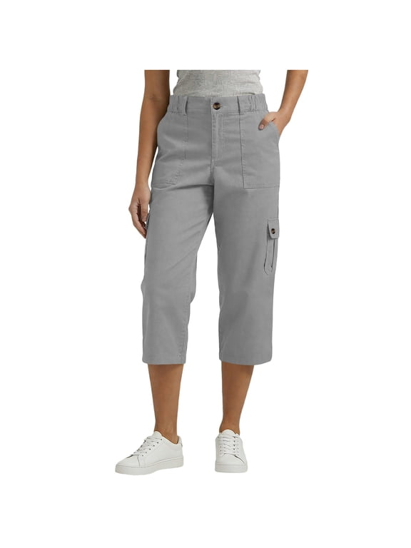 Womens Cargo Pants Capris Elastic Waist Straight Leg Soft Comfort Trousers Palazzo Streetwear Pant with Pockets Gray,S