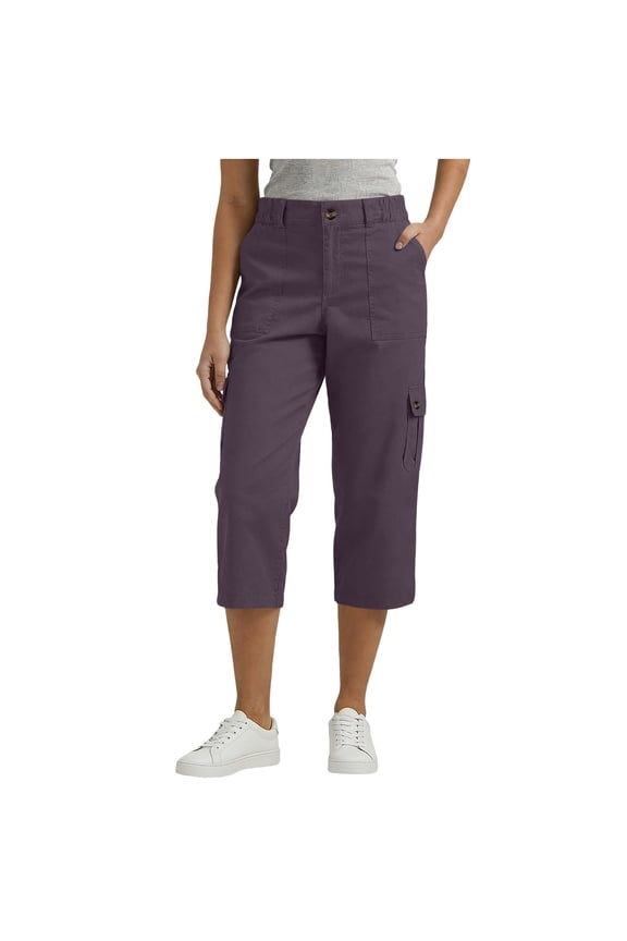 Womens Cargo Pants Capris Elastic Waist Straight Leg Soft Comfort Trousers Palazzo Streetwear Pant with Pockets Purple,M
