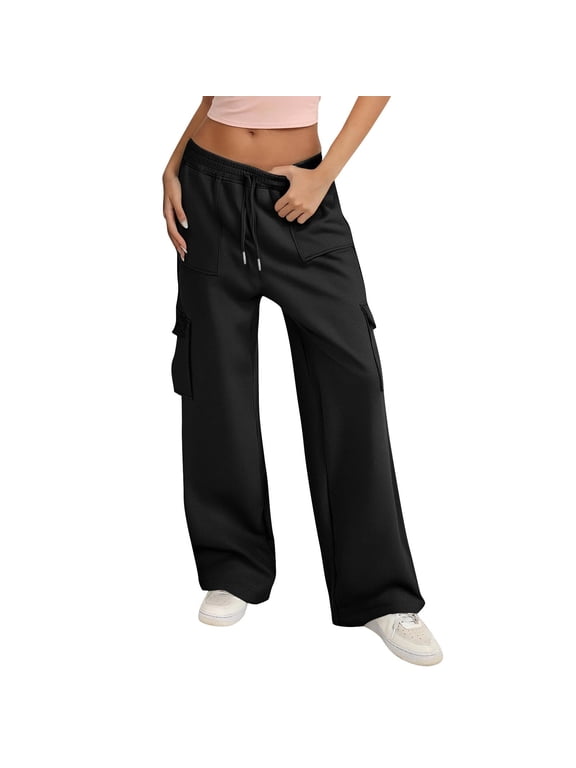 Womens Cargo Pants High Waisted Drawstring Wide Leg Pant Trendy Casual Baggy Joggers Trousers with Pockets Black,L