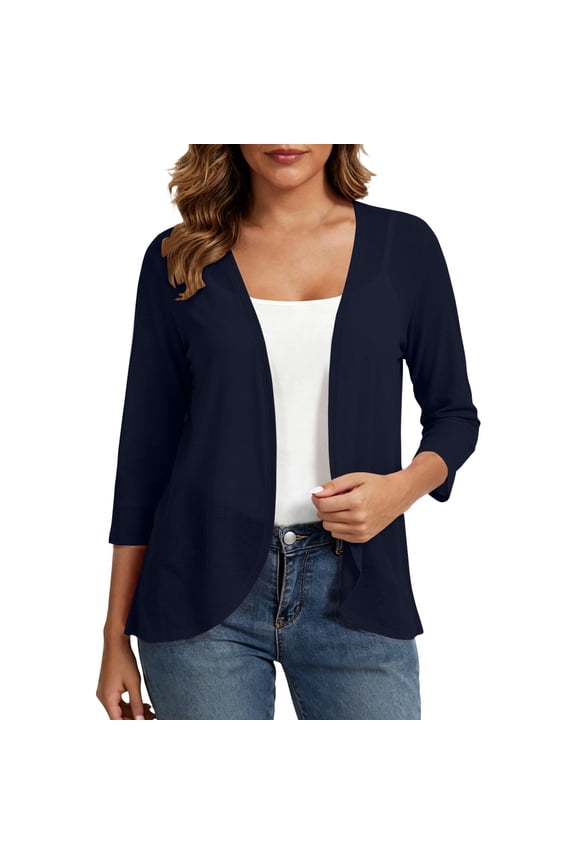 Womens Casual 3/4 Sleeve Tops Lightweight Open Front Shirts Summer Trendy Shrug Coverups Blouse Navy,L
