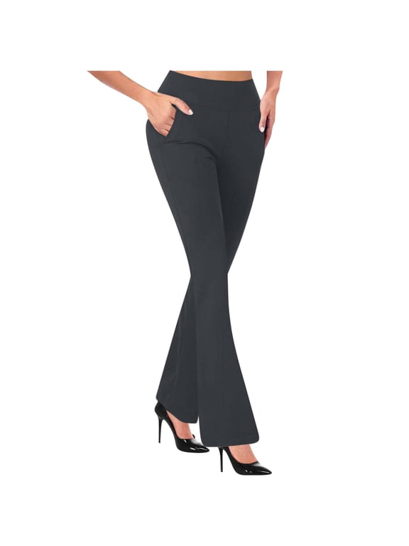 Womens Casual Dressy Pants Tummy Control Elastic Waist Loose Fit Trousers Business Work Officewear Soft Pants with Pockets Dark Gray,M