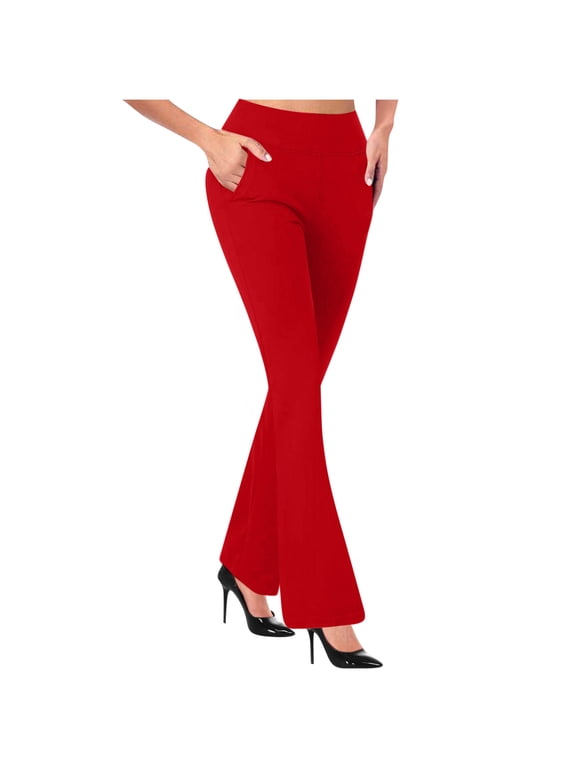 Womens Casual Dressy Pants Tummy Control Elastic Waist Loose Fit Trousers Business Work Officewear Soft Pants with Pockets Red,2xL