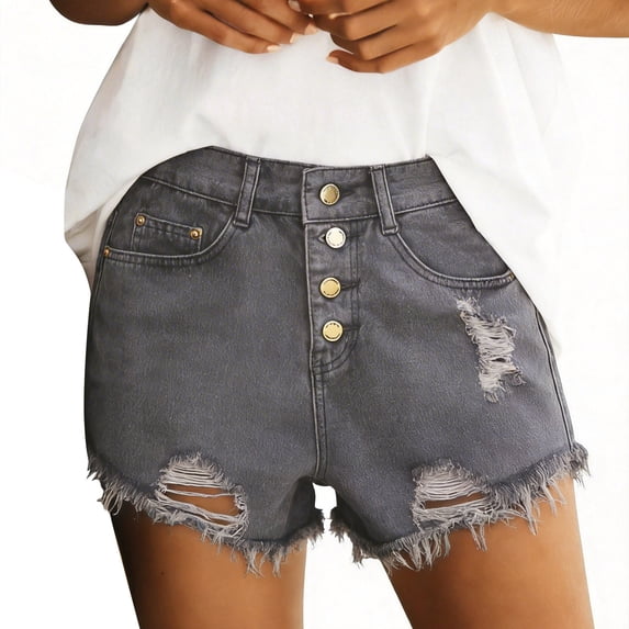 hlysgo Womens Casual Jean Shorts Ripped Button Waist Wide Leg 3 Inch Inseam Y2K Streetwear Cozy Put On Short with Pockets Gray,XL