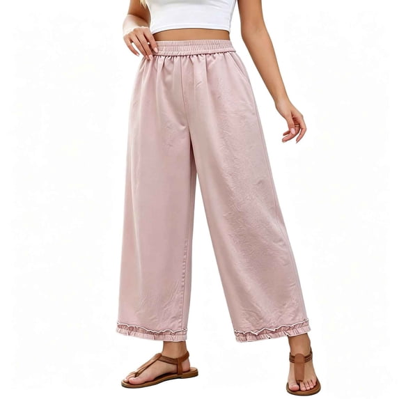 hlysgo Womens Casual Palazzo Pants Ruffle Wide Leg Cropped Flowy Comfort Loose Summer Beach Trousers with Pockets Pink,M