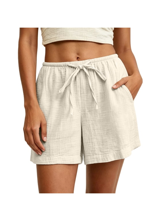 Womens Casual Shorts Drawstring Lightweight Breathable Short Summer Beach Comfy Cozy Shorts with Pockets Beige,S