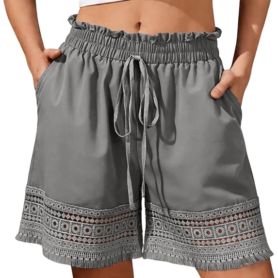 hlysgo Womens Casual Shorts Elastic Waist Drawstring Breathable Lightweight Short Lace Wide Leg Short with Pockets Gray,XL