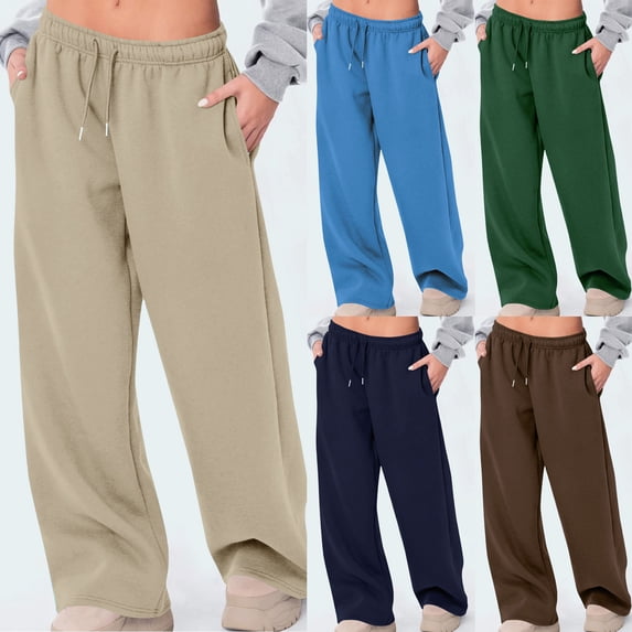 hlysgo Womens Causal Sweatpants Elastic Drawstring Waist Baggy Straight Leg Pant Y2K Streetwear Trousers with Pockets Navy,S